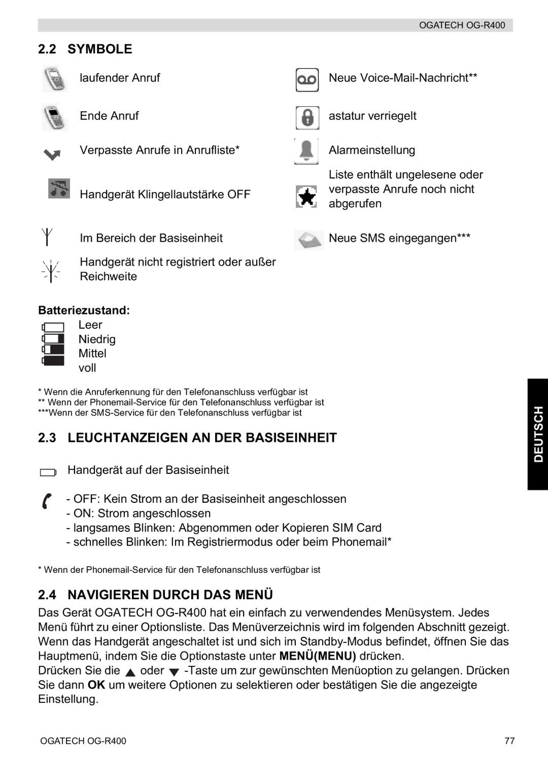 Topcom OG-R400 manual Symbole, Leuchtanzeigen AN DER Basiseinheit, Navigieren Durch DAS Menü, Batteriezustand 