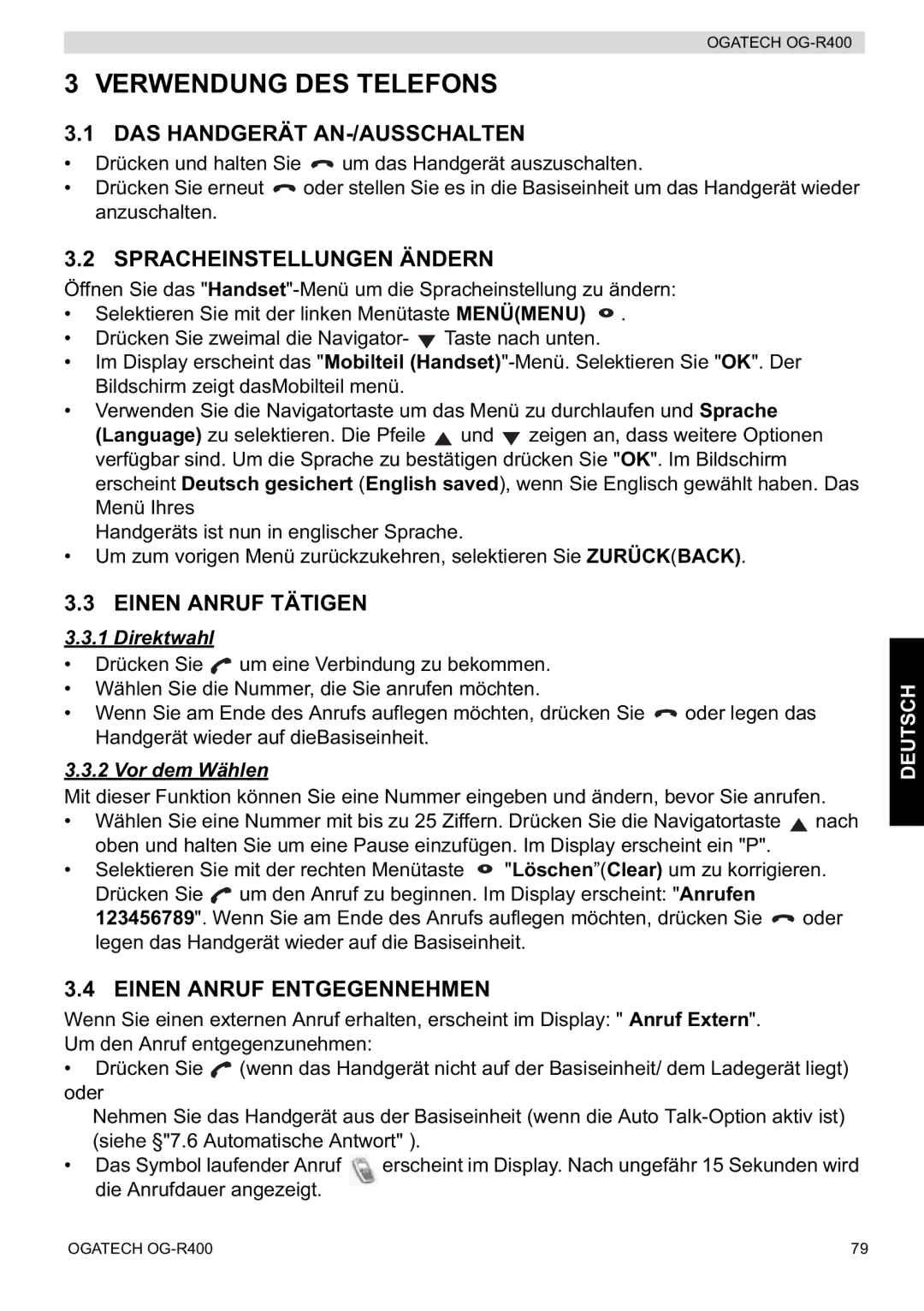 Topcom OG-R400 Verwendung DES Telefons, DAS Handgerät AN-/AUSSCHALTEN, Spracheinstellungen Ändern, Einen Anruf Tätigen 