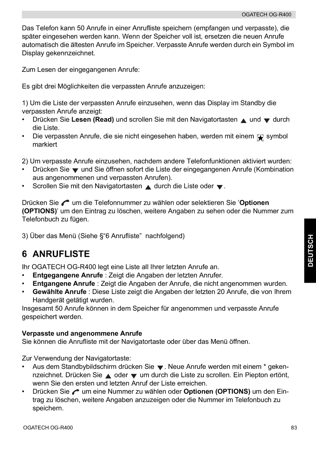 Topcom OG-R400 manual Anrufliste, Verpasste und angenommene Anrufe 