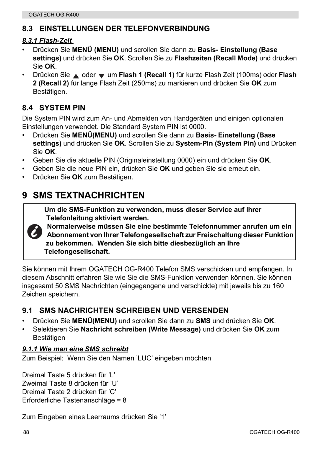 Topcom OG-R400 manual SMS Textnachrichten, Einstellungen DER Telefonverbindung, SMS Nachrichten Schreiben UND Versenden 