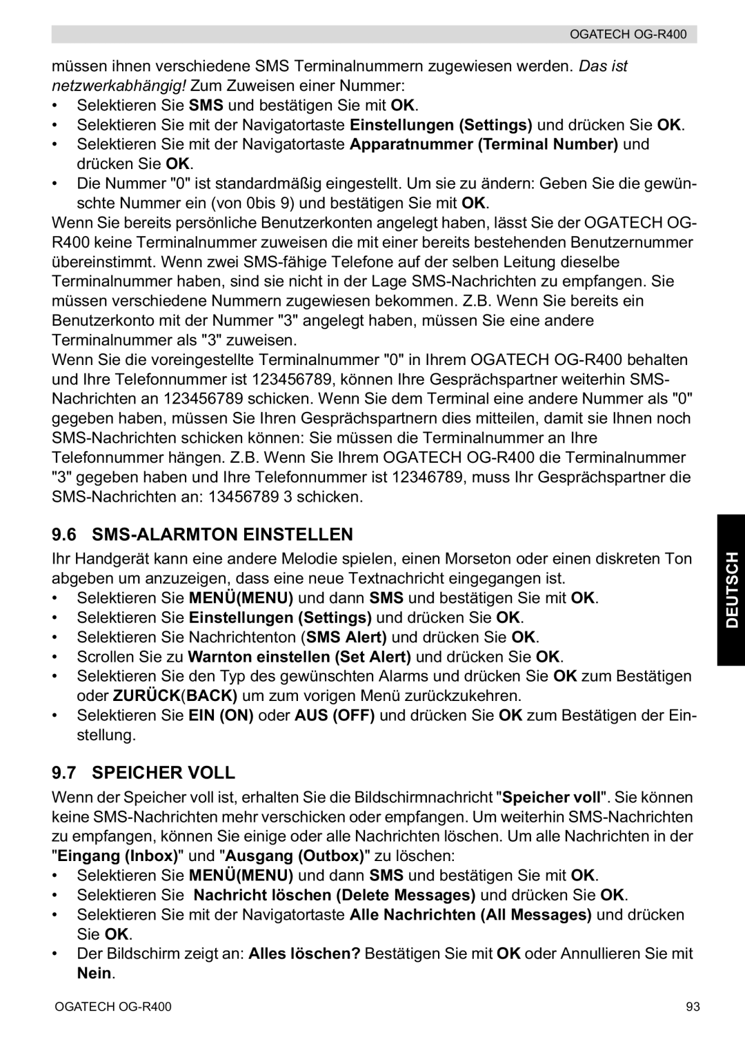 Topcom OG-R400 manual SMS-ALARMTON Einstellen, Speicher Voll 