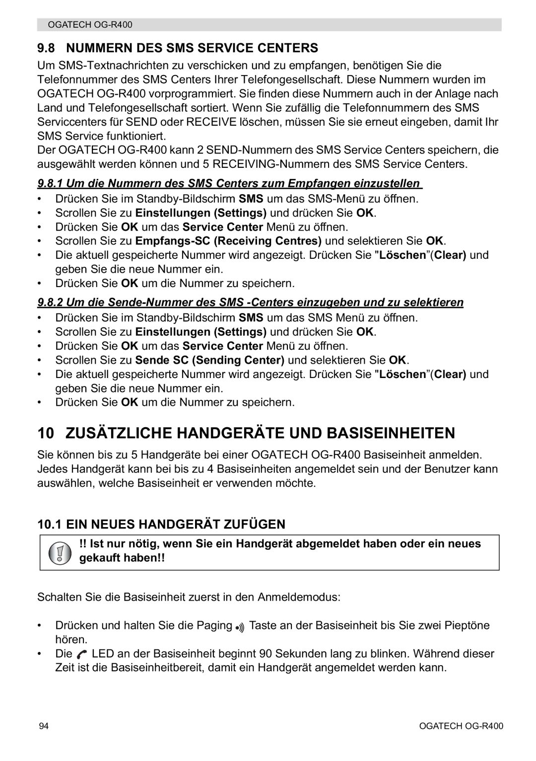 Topcom OG-R400 10 Zusätzliche Handgeräte UND Basiseinheiten, Nummern DES SMS Service Centers, EIN Neues Handgerät Zufügen 