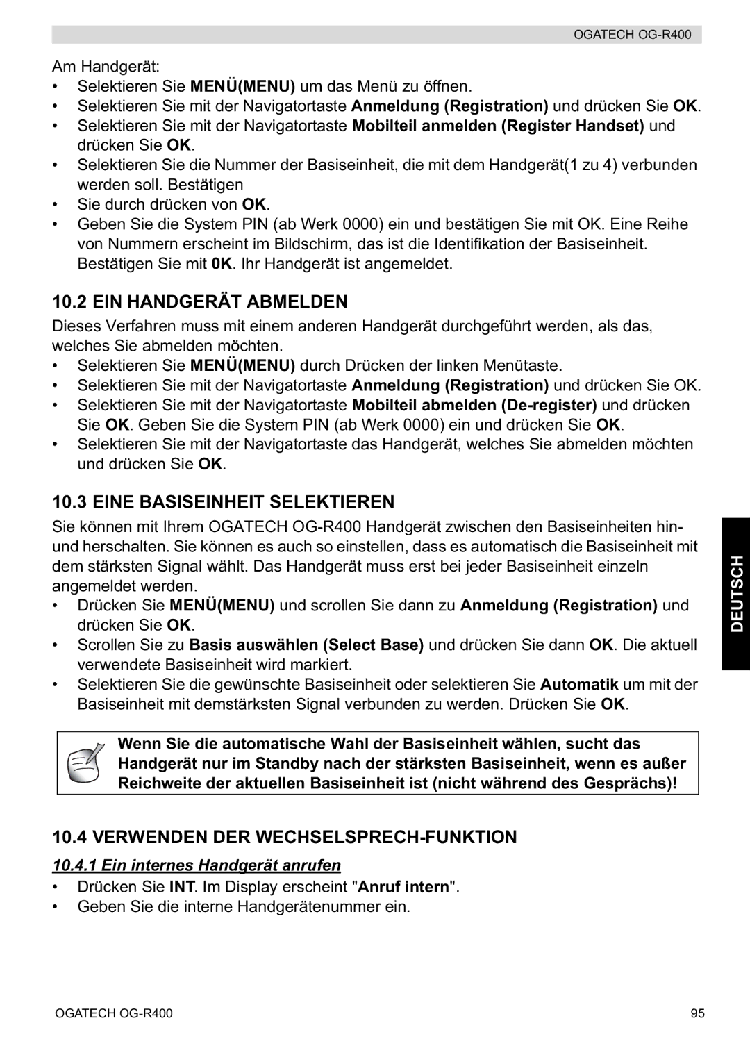 Topcom OG-R400 manual EIN Handgerät Abmelden, Eine Basiseinheit Selektieren, Verwenden DER WECHSELSPRECH-FUNKTION 