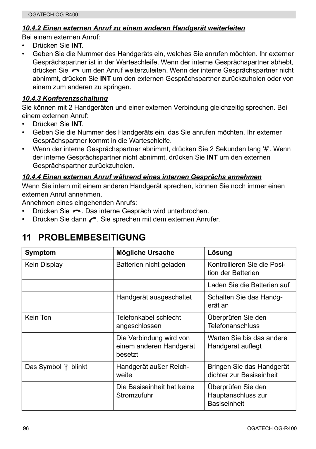 Topcom OG-R400 manual Problembeseitigung, Konferenzschaltung, Symptom Mögliche Ursache Lösung 