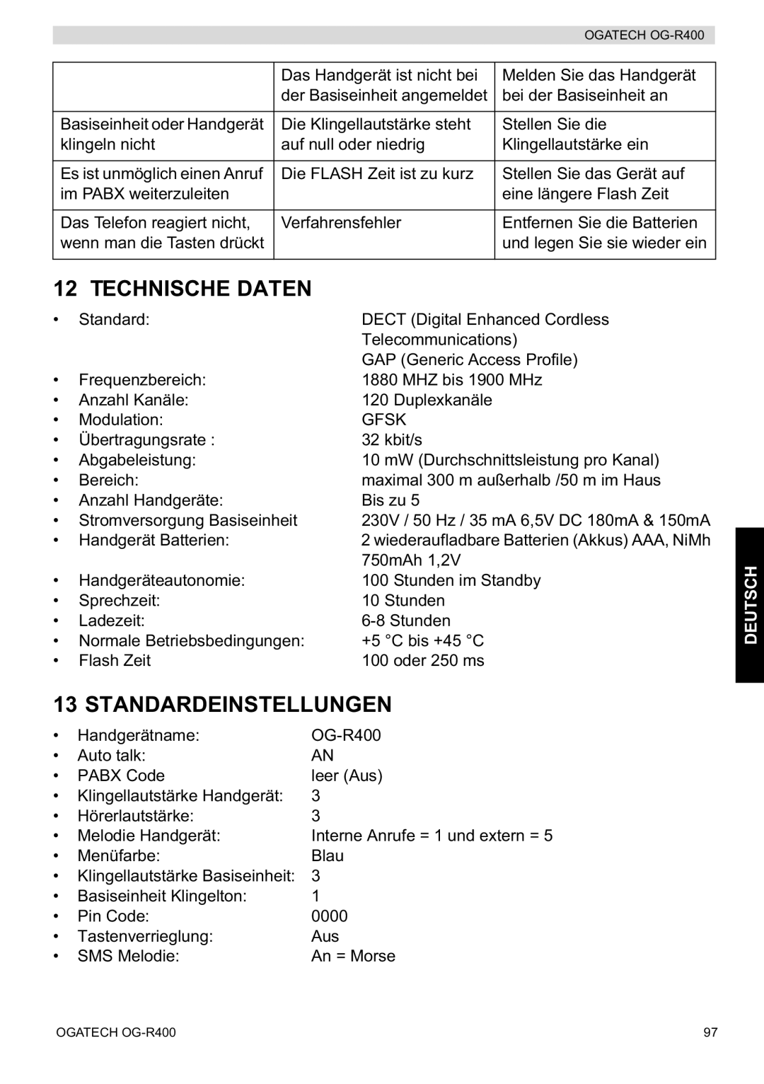 Topcom OG-R400 manual Technische Daten, Standardeinstellungen 