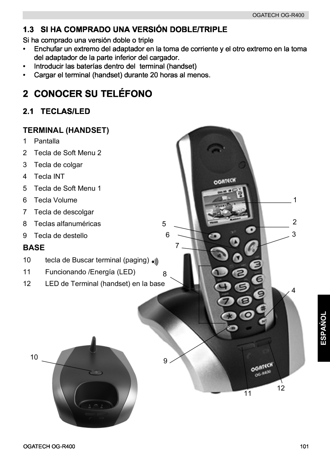 Topcom OG-R400 manual Conocer Su Teléfono, Si Ha Comprado Una Versión Doble/Triple, Teclas/Led Terminal Handset, Base, Espa 