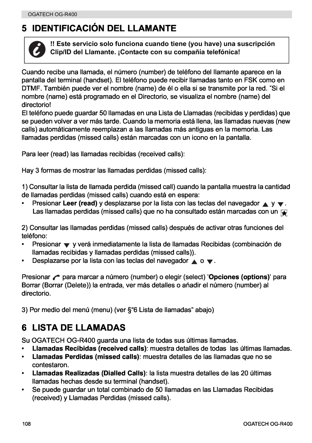 Topcom OG-R400 manual Identificación Del Llamante, Lista De Llamadas 