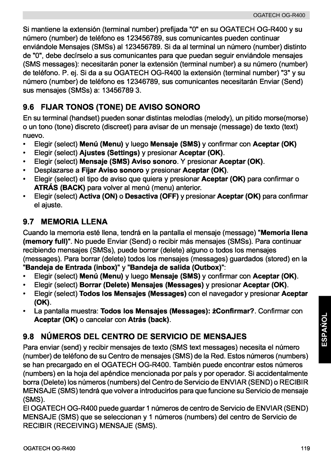 Topcom OG-R400 manual Fijar Tonos Tone De Aviso Sonoro, Memoria Llena, 9.8 NÚMEROS DEL CENTRO DE SERVICIO DE MENSAJES, Espa 