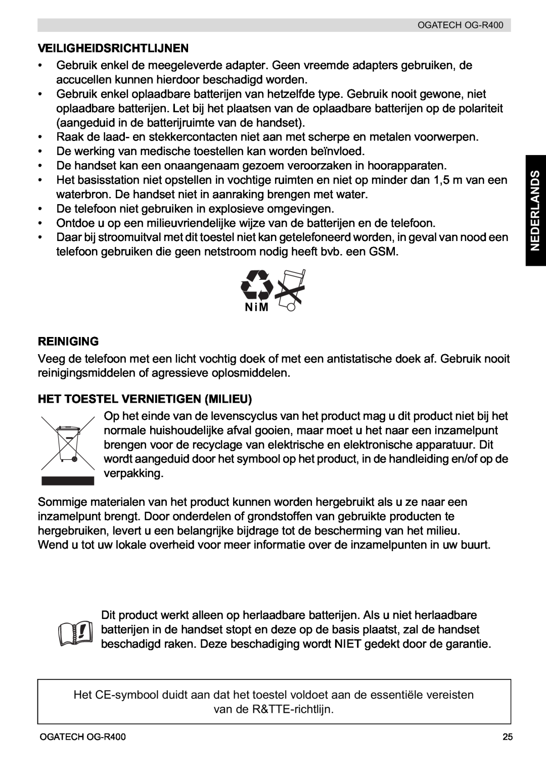 Topcom OG-R400 manual Veiligheidsrichtlijnen, NiM REINIGING, Het Toestel Vernietigen Milieu, Nederlands 