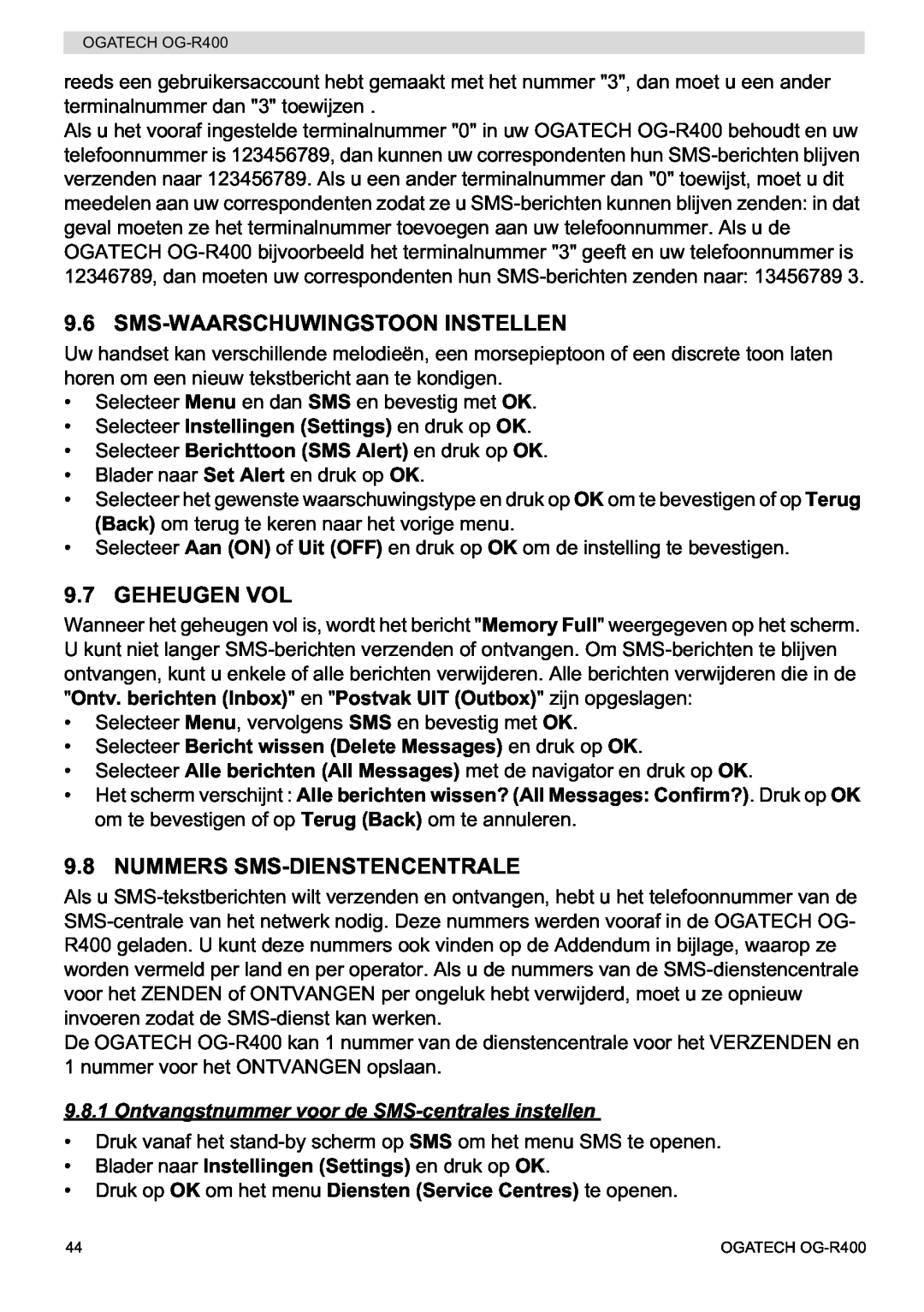 Topcom OG-R400 manual Sms-Waarschuwingstoon Instellen, Geheugen Vol, Nummers Sms-Dienstencentrale 