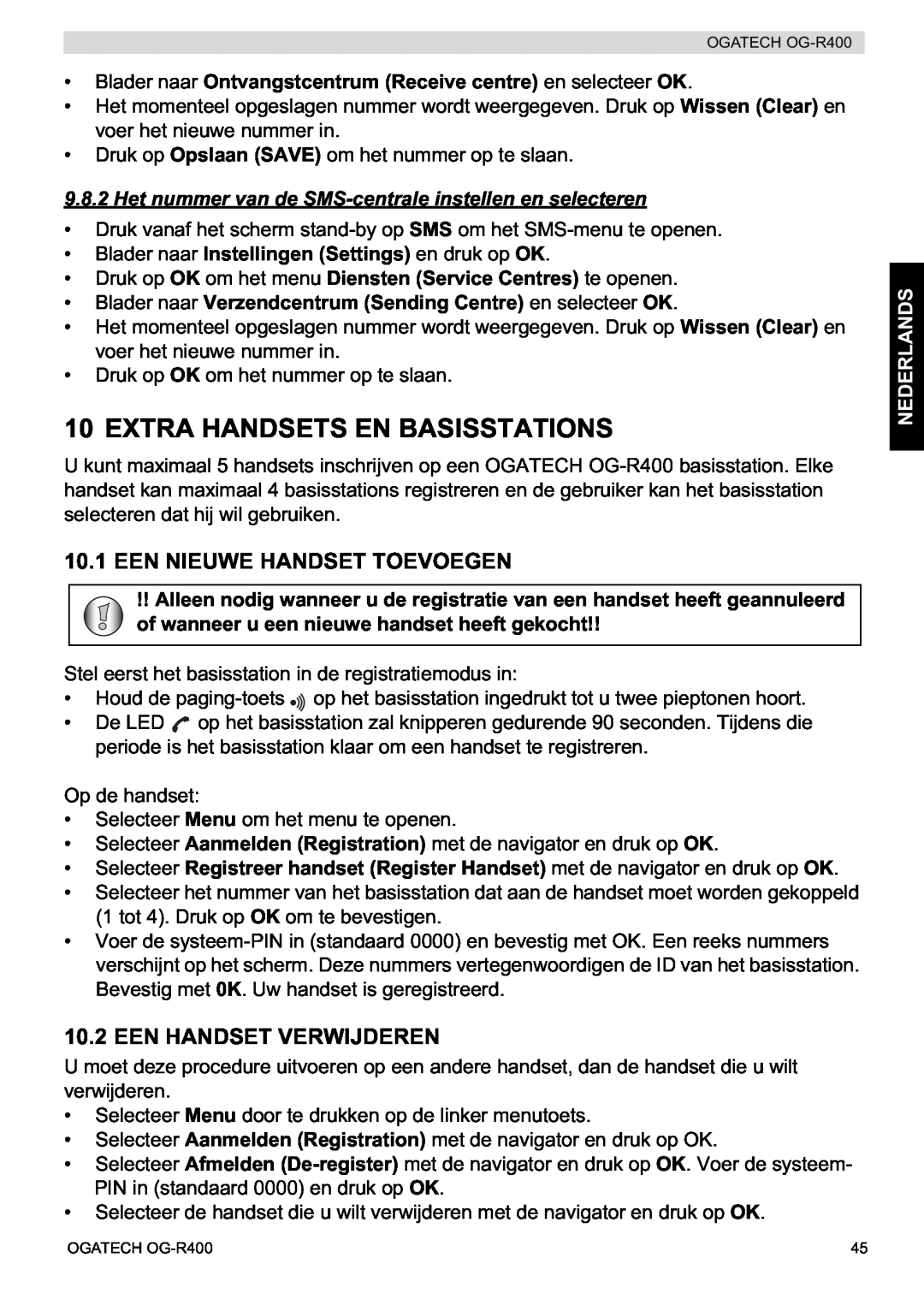 Topcom OG-R400 manual Extra Handsets En Basisstations, Een Nieuwe Handset Toevoegen, Een Handset Verwijderen, Nederlands 