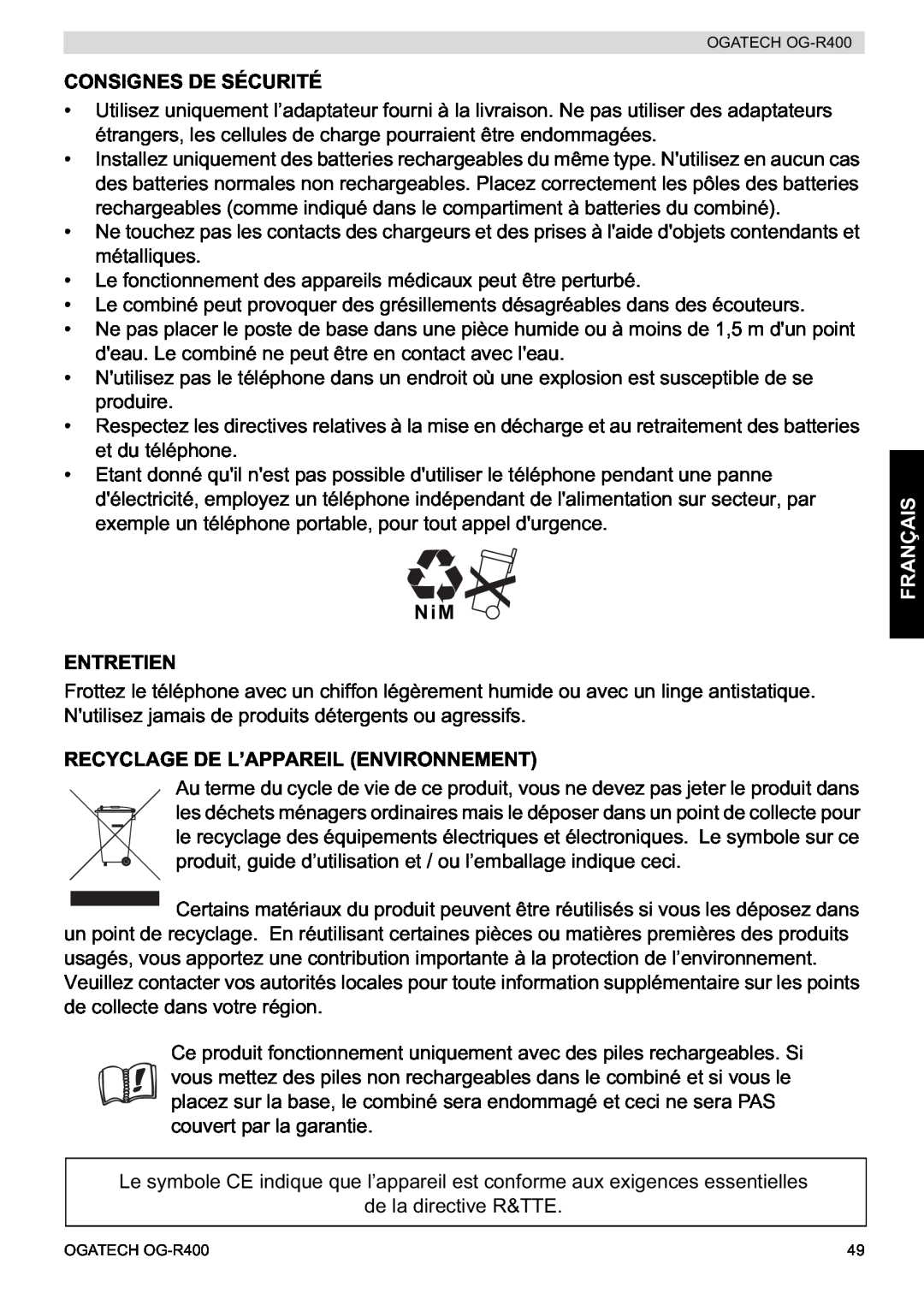 Topcom OG-R400 manual Consignes De Sécurité, NiM ENTRETIEN, Recyclage De L’Appareil Environnement, Français 