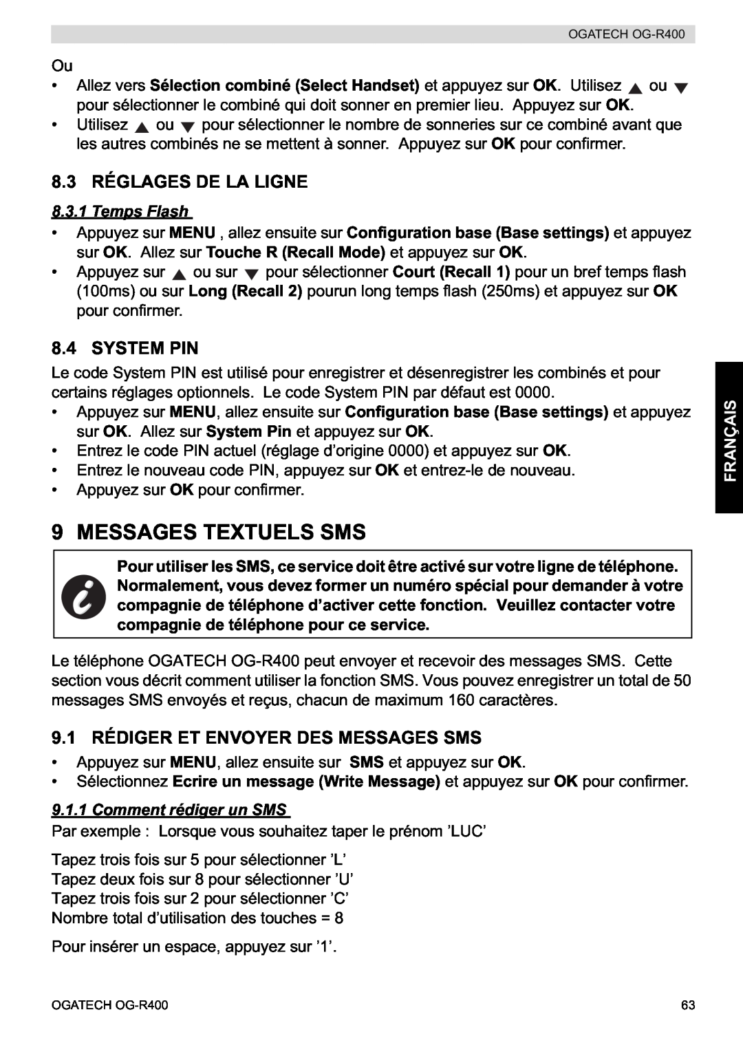 Topcom OG-R400 manual Messages Textuels Sms, 8.3 RÉGLAGES DE LA LIGNE, 9.1 RÉDIGER ET ENVOYER DES MESSAGES SMS, Temps Flash 