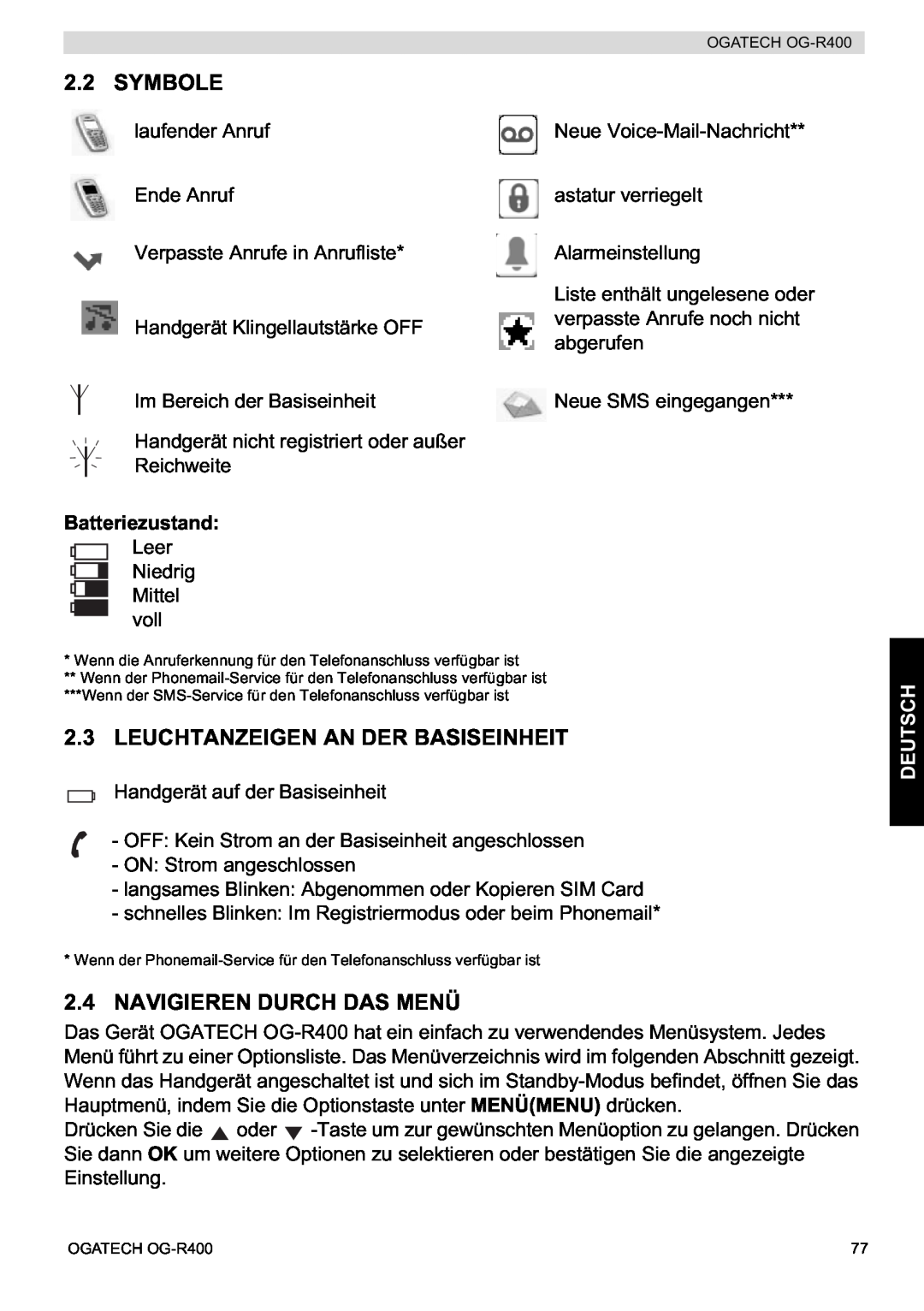 Topcom OG-R400 manual Symbole, Leuchtanzeigen An Der Basiseinheit, Navigieren Durch Das Menü, Batteriezustand, Deutsch 