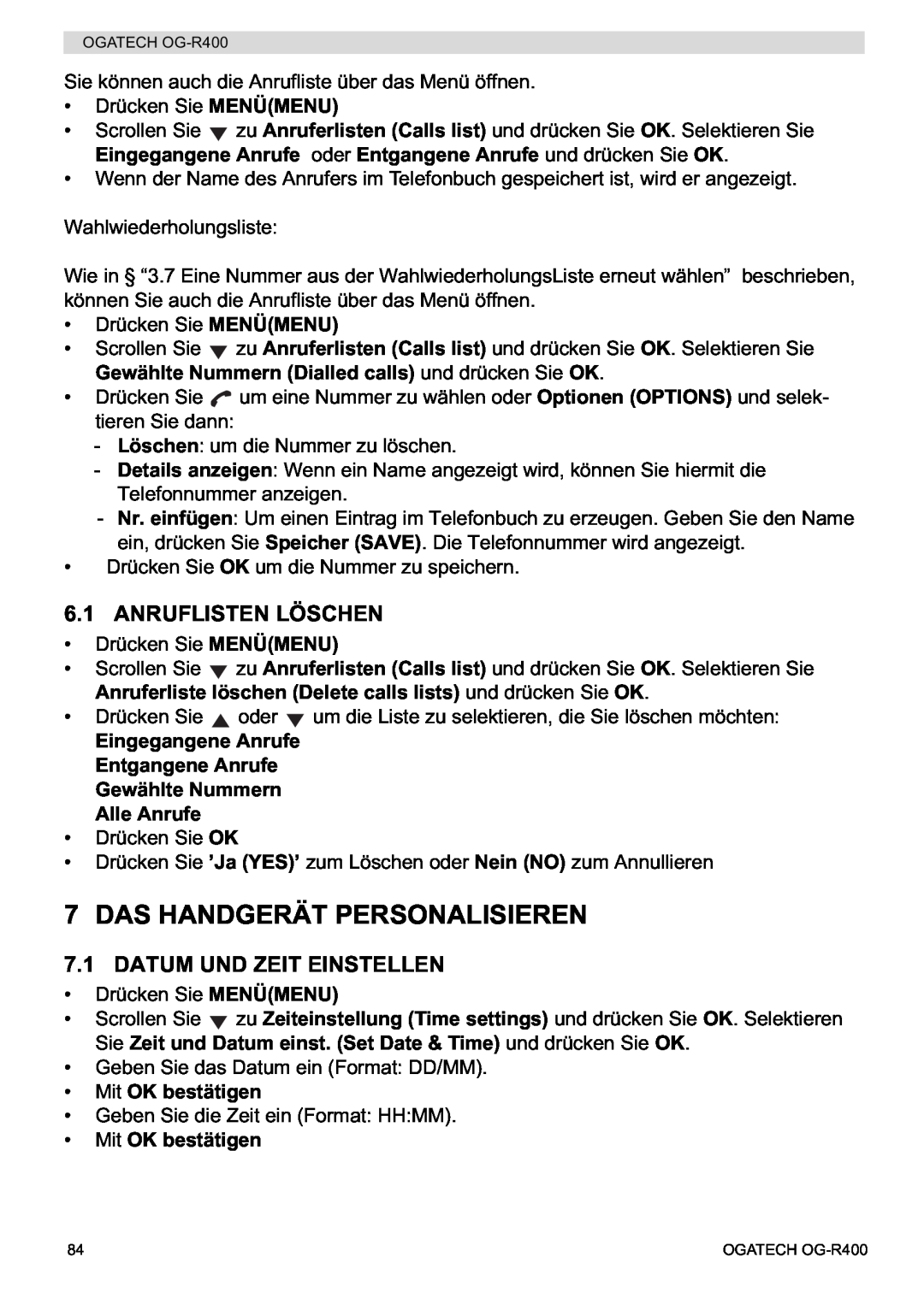 Topcom OG-R400 manual Das Handgerät Personalisieren, Anruflisten Löschen, Datum Und Zeit Einstellen, Mit OK bestätigen 