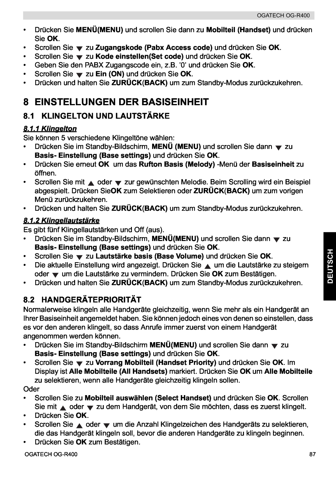 Topcom OG-R400 Einstellungen Der Basiseinheit, Klingelton Und Lautstärke, Handgerätepriorität, Klingellautstärke, Deutsch 
