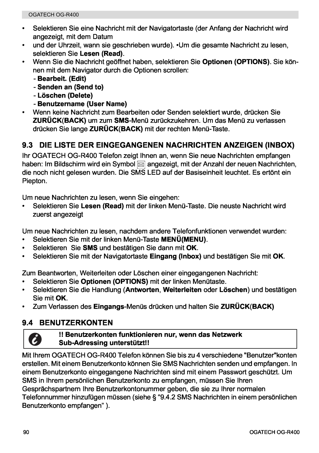 Topcom OG-R400 manual Die Liste Der Eingegangenen Nachrichten Anzeigen Inbox, Benutzerkonten, Benutzername User Name 