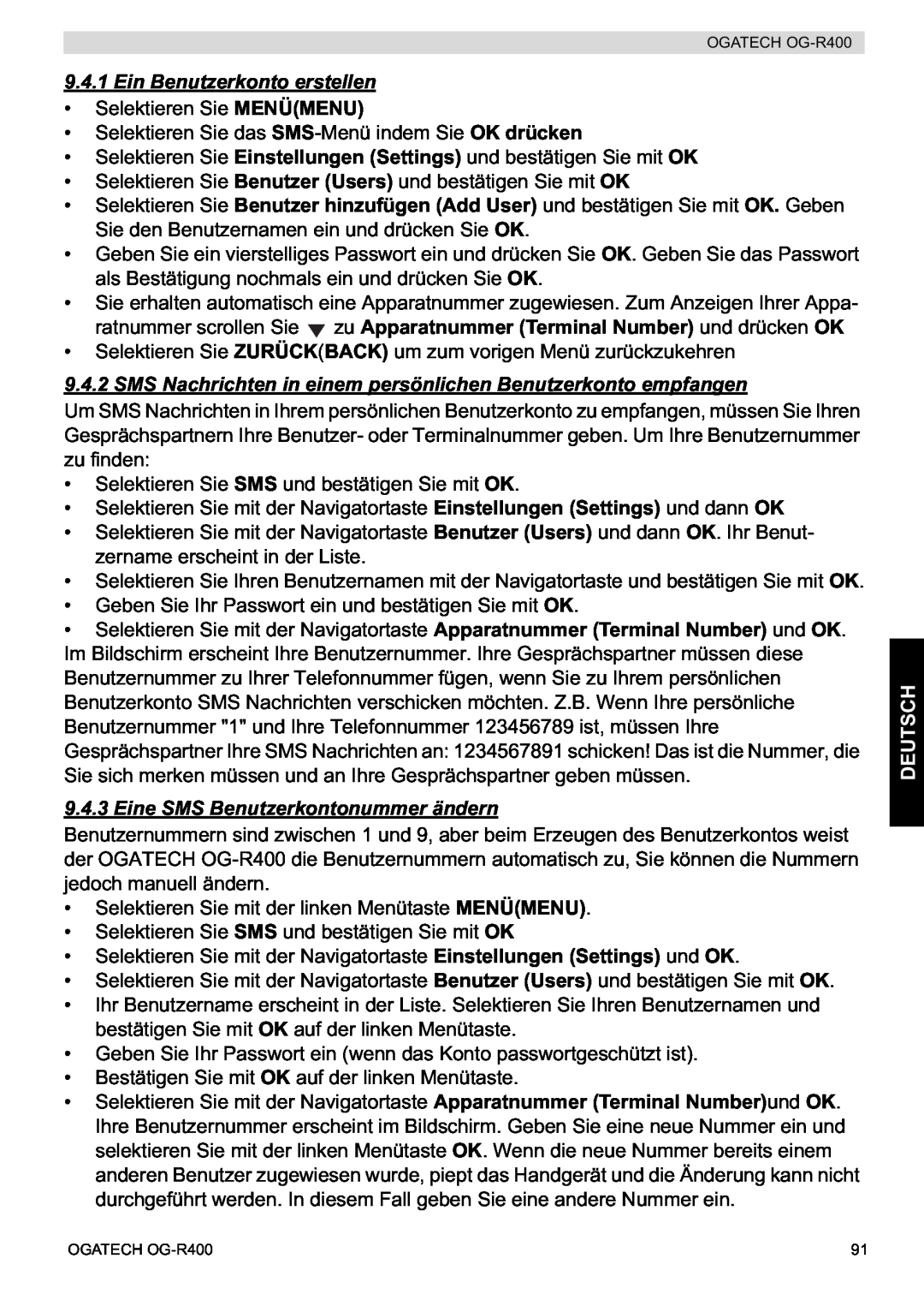 Topcom OG-R400 manual Ein Benutzerkonto erstellen, SMS Nachrichten in einem persönlichen Benutzerkonto empfangen, Deutsch 