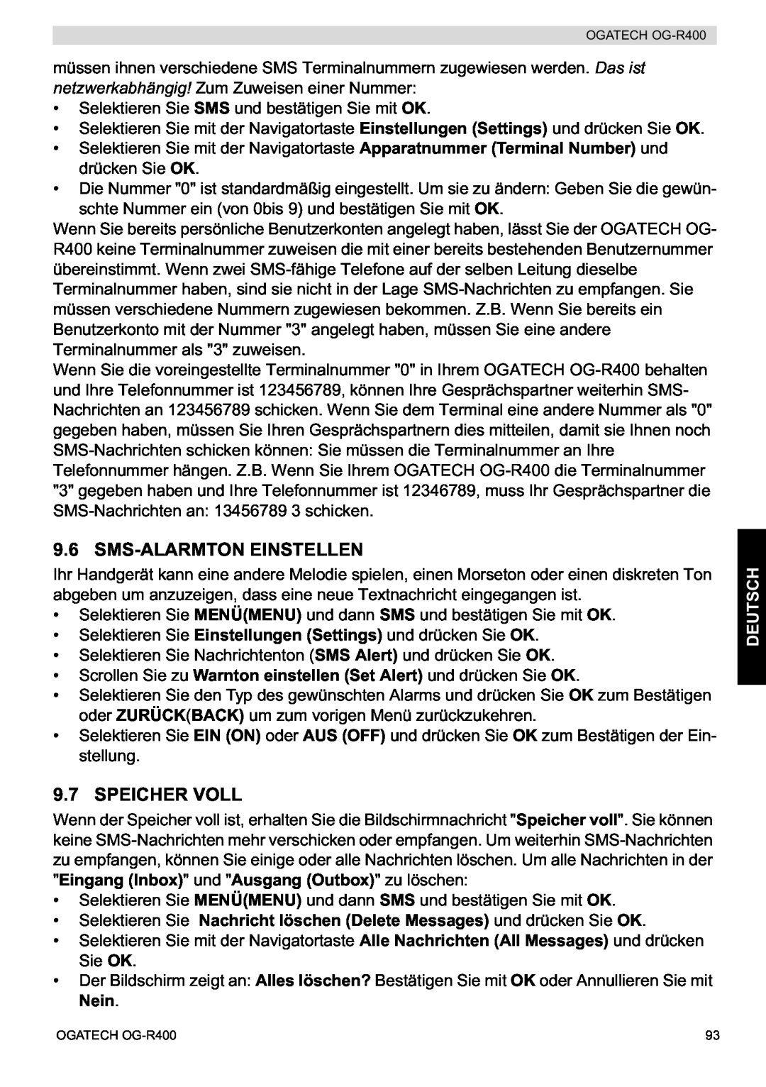 Topcom OG-R400 manual Sms-Alarmton Einstellen, Speicher Voll, Deutsch 