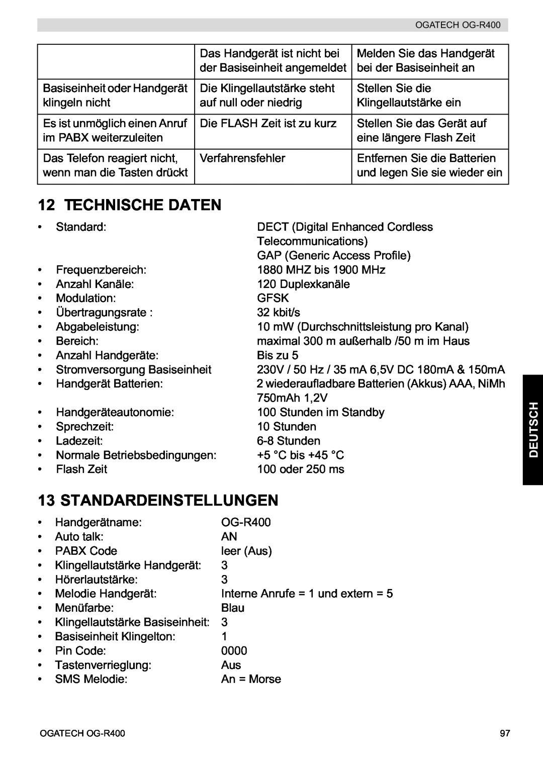 Topcom OG-R400 Technische Daten, Standardeinstellungen, Deutsch, der Basiseinheit angemeldet, Basiseinheit oder Handgerät 