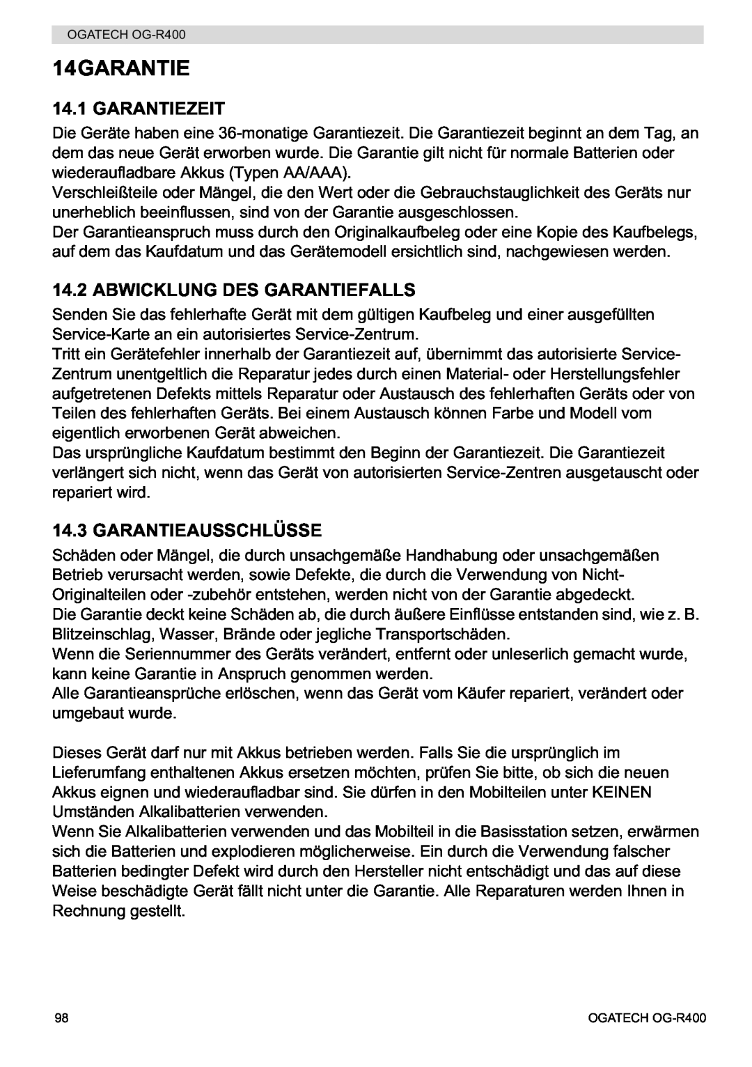Topcom OG-R400 manual Garantiezeit, Abwicklung Des Garantiefalls, Garantieausschlüsse, 14GARANTIE 