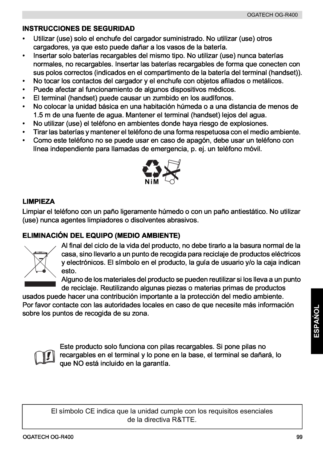 Topcom OG-R400 manual Instrucciones De Seguridad, NiM LIMPIEZA, Eliminación Del Equipo Medio Ambiente, Espa 
