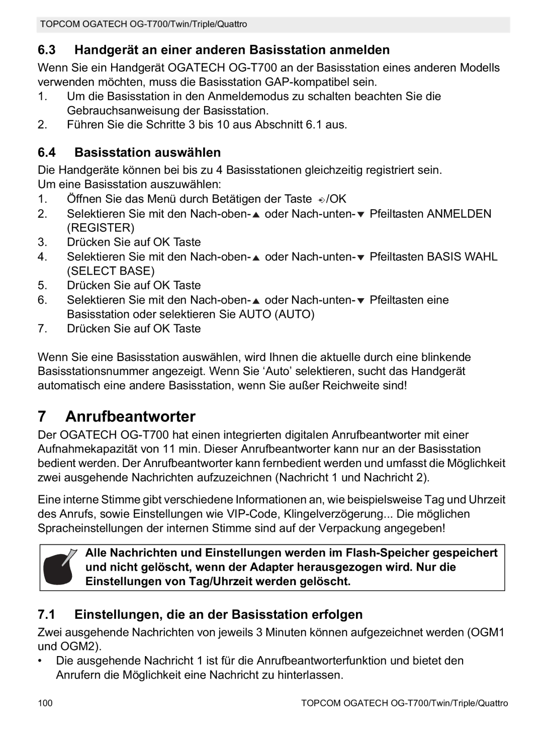 Topcom OG-T700 manual Anrufbeantworter, Handgerät an einer anderen Basisstation anmelden, Basisstation auswählen 