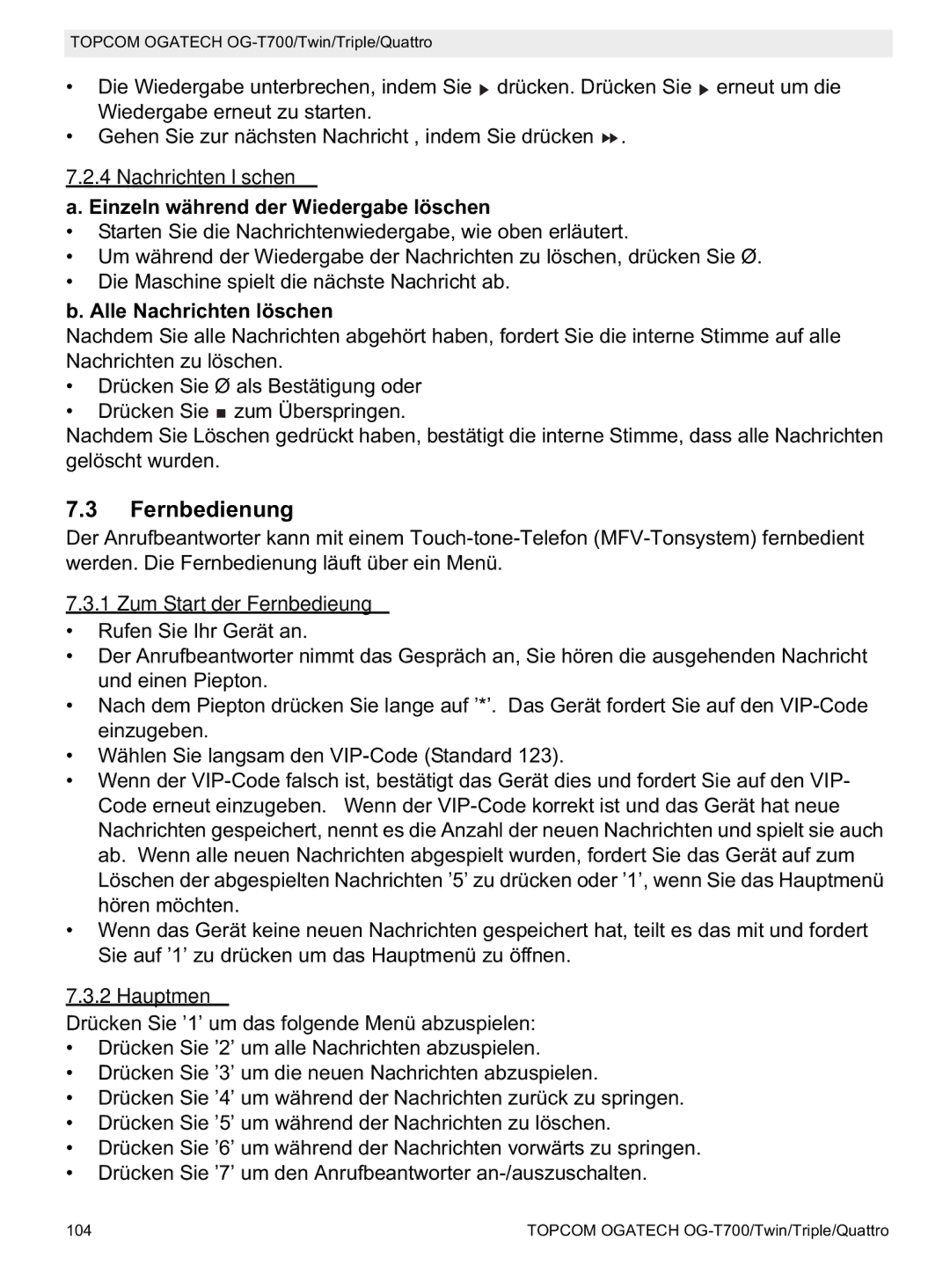 Topcom OG-T700 manual Fernbedienung, Nachrichten löschen, Zum Start der Fernbedieung, Hauptmenü 