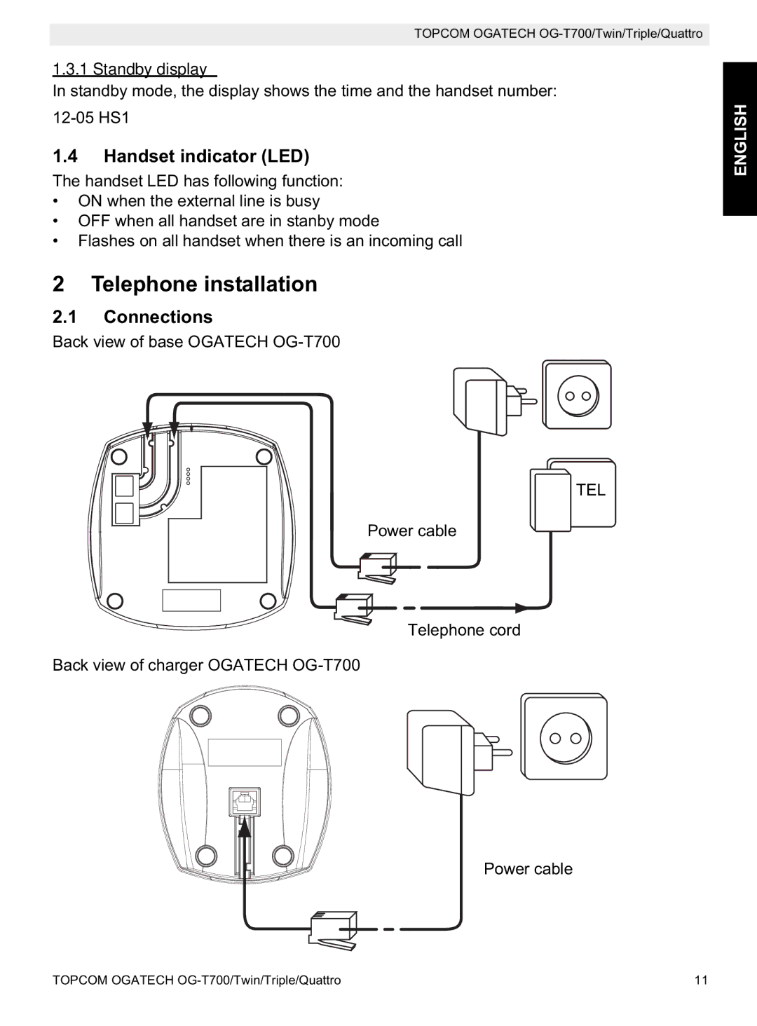 Topcom OG-T700 manual Telephone installation, Handset indicator LED, Connections, Standby display 