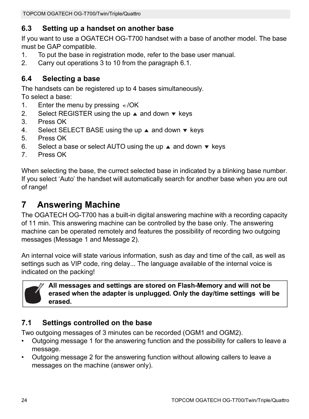 Topcom OG-T700 Answering Machine, Setting up a handset on another base, Selecting a base, Settings controlled on the base 