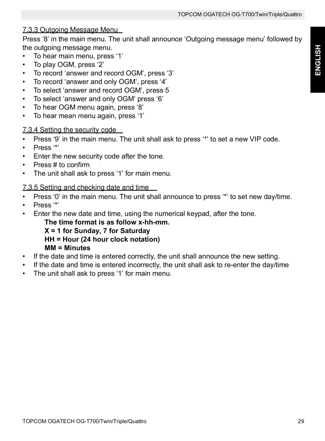 Topcom OG-T700 manual Outgoing Message Menu, Setting the security code, Setting and checking date and time 