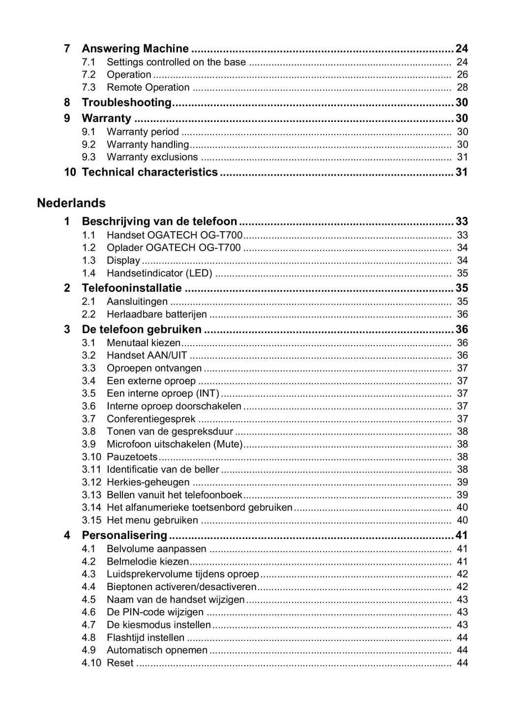 Topcom OG-T700 manual Nederlands 