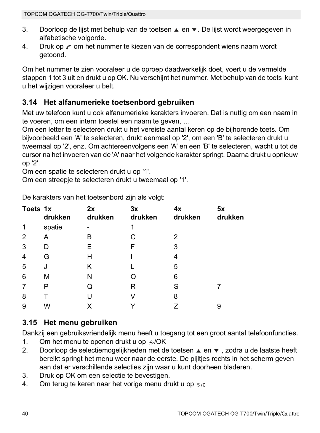 Topcom OG-T700 manual Het alfanumerieke toetsenbord gebruiken, Het menu gebruiken, Toets Drukken 