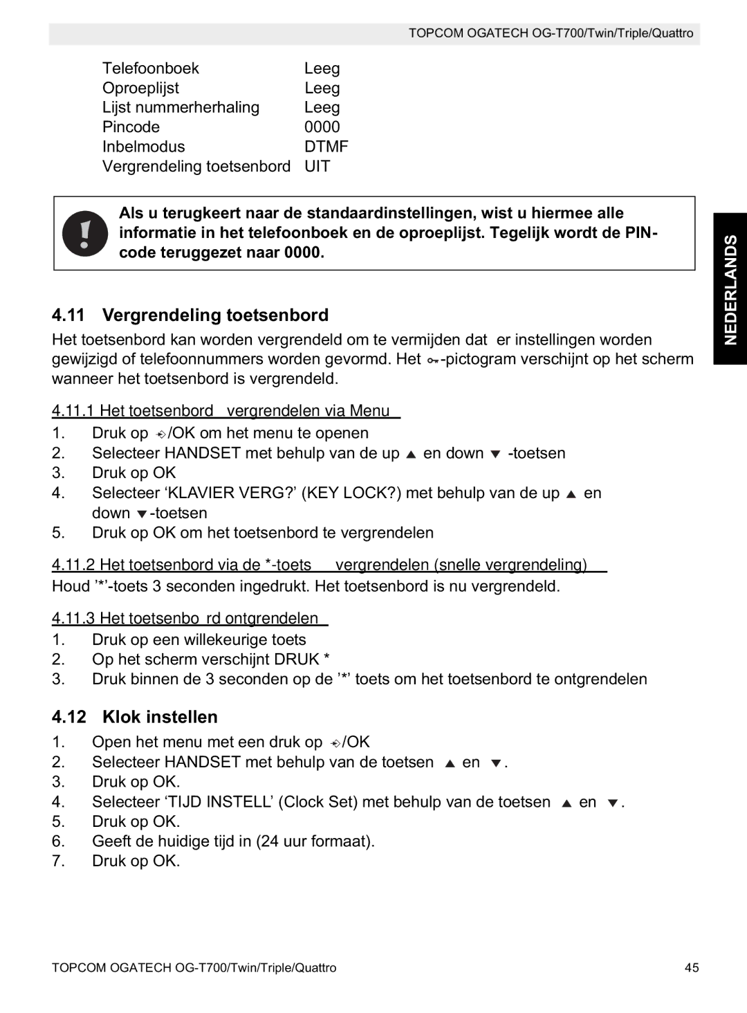 Topcom OG-T700 manual Vergrendeling toetsenbord, Klok instellen, Het toetsenbord vergrendelen via Menu 