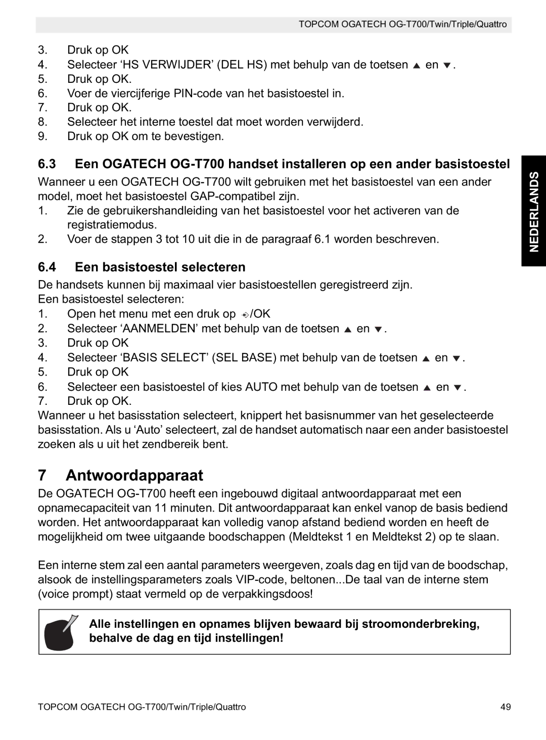 Topcom OG-T700 manual Antwoordapparaat, Een basistoestel selecteren 