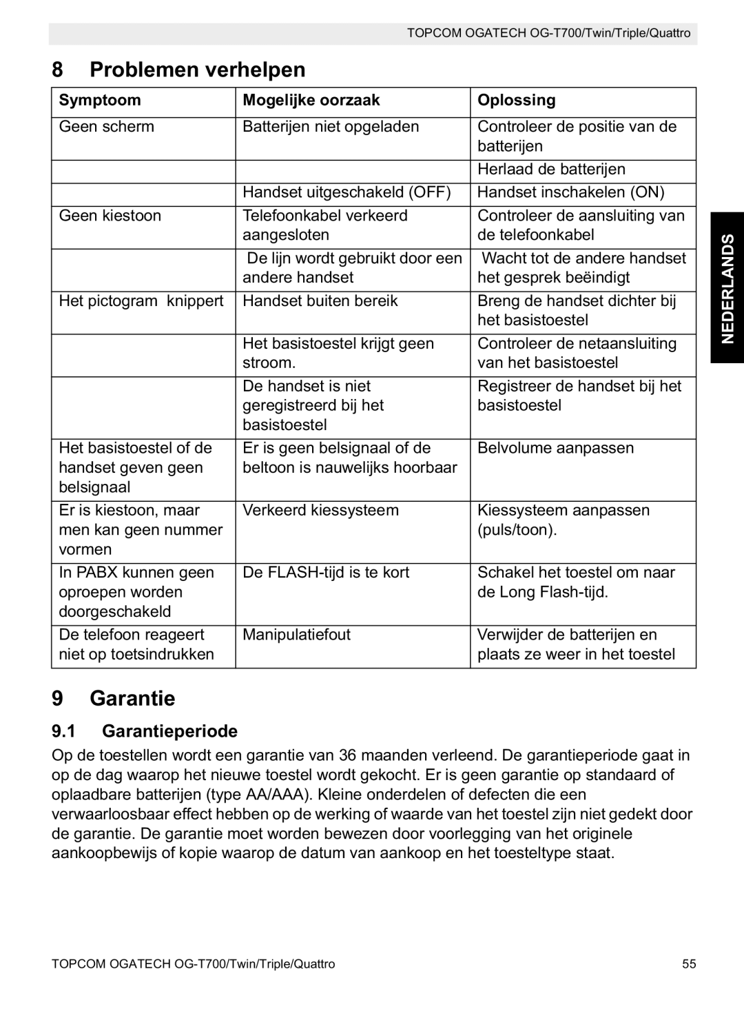 Topcom OG-T700 manual Problemen verhelpen, Garantieperiode, Symptoom Mogelijke oorzaak Oplossing 