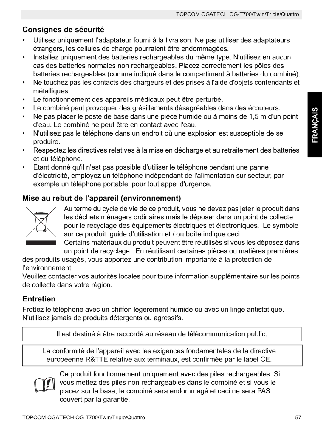 Topcom OG-T700 manual Consignes de sécurité, Mise au rebut de l’appareil environnement, Entretien 