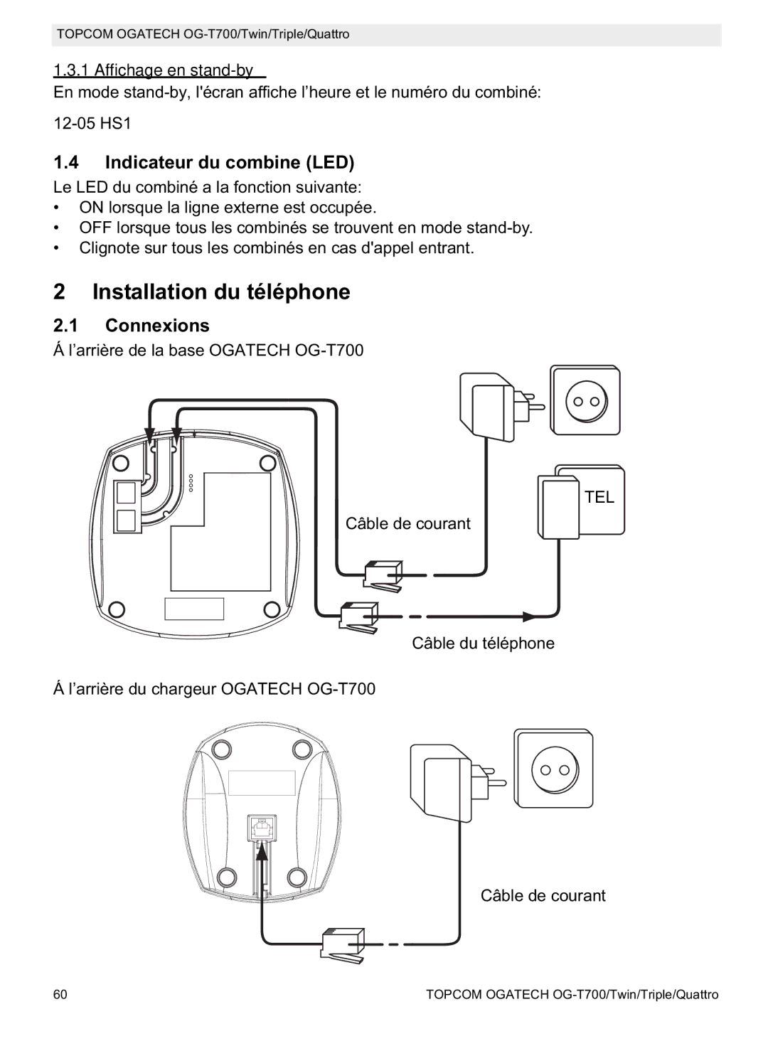 Topcom OG-T700 manual Installation du téléphone, Indicateur du combine LED, Connexions, Affichage en stand-by 