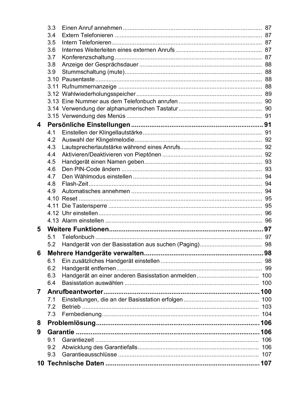 Topcom OG-T700 manual Persönliche Einstellungen, Weitere Funktionen, Mehrere Handgeräte verwalten, Anrufbeantworter 