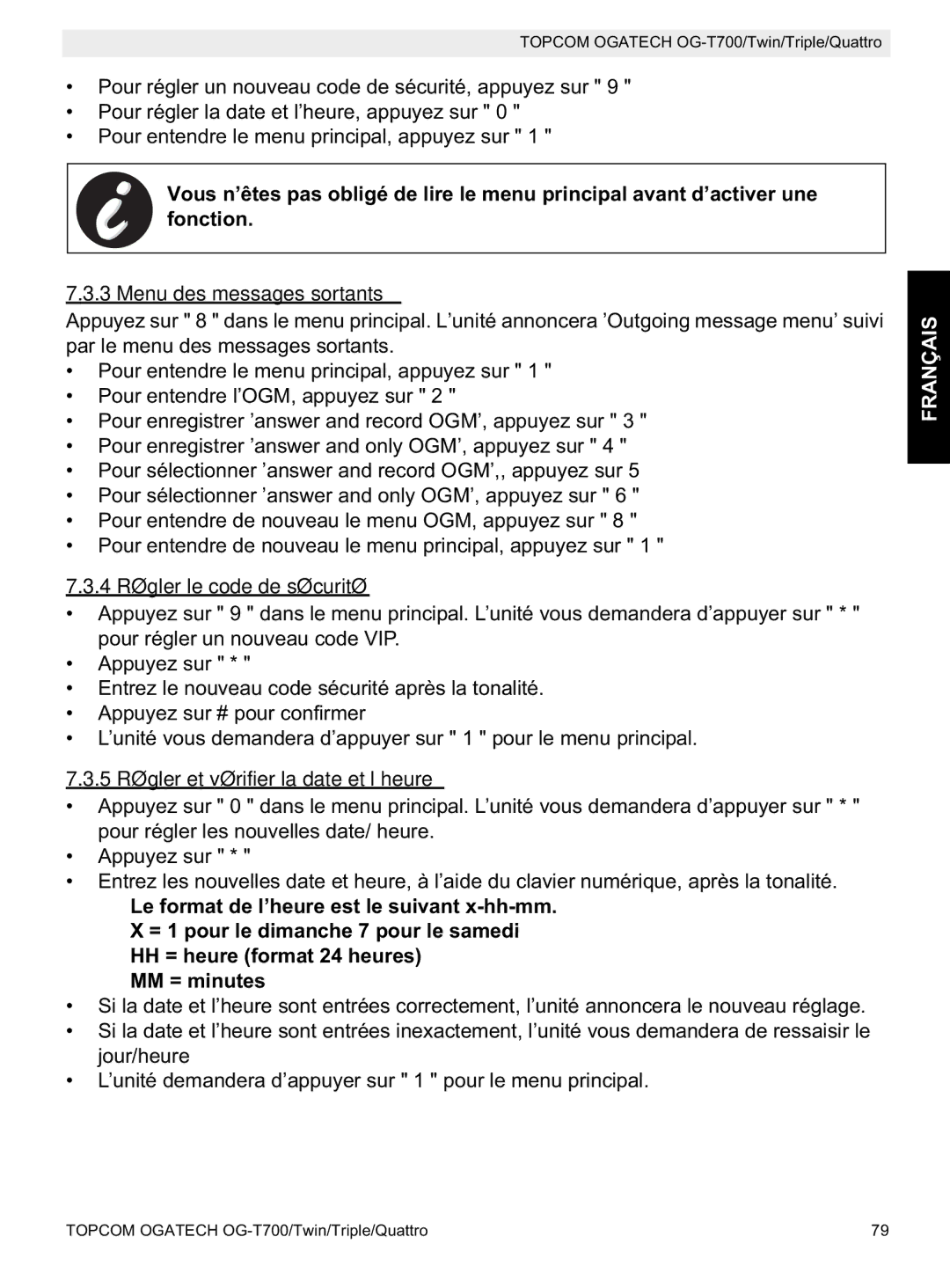 Topcom OG-T700 manual Menu des messages sortants, 4 Régler le code de sécurité, 5 Régler et vérifier la date et l’heure 