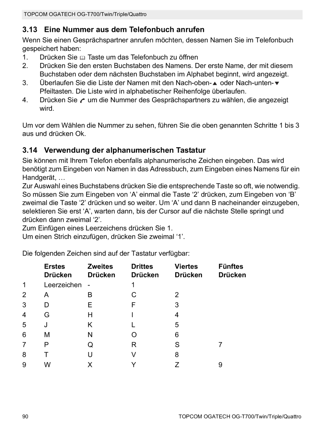 Topcom OG-T700 manual Eine Nummer aus dem Telefonbuch anrufen, Verwendung der alphanumerischen Tastatur 