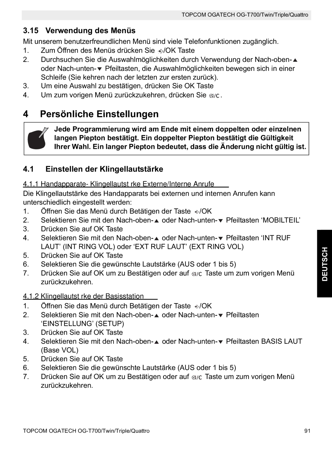 Topcom OG-T700 manual Persönliche Einstellungen, Verwendung des Menüs, Einstellen der Klingellautstärke 