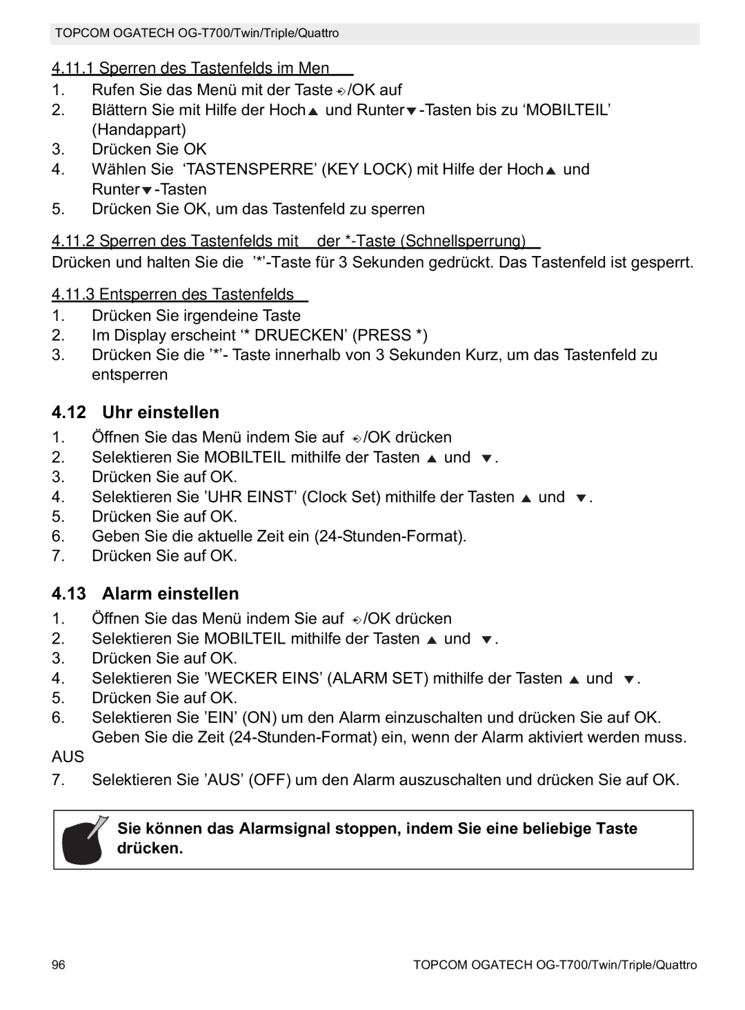 Topcom OG-T700 manual Uhr einstellen, Alarm einstellen, Sperren des Tastenfelds im Menü, Entsperren des Tastenfelds 