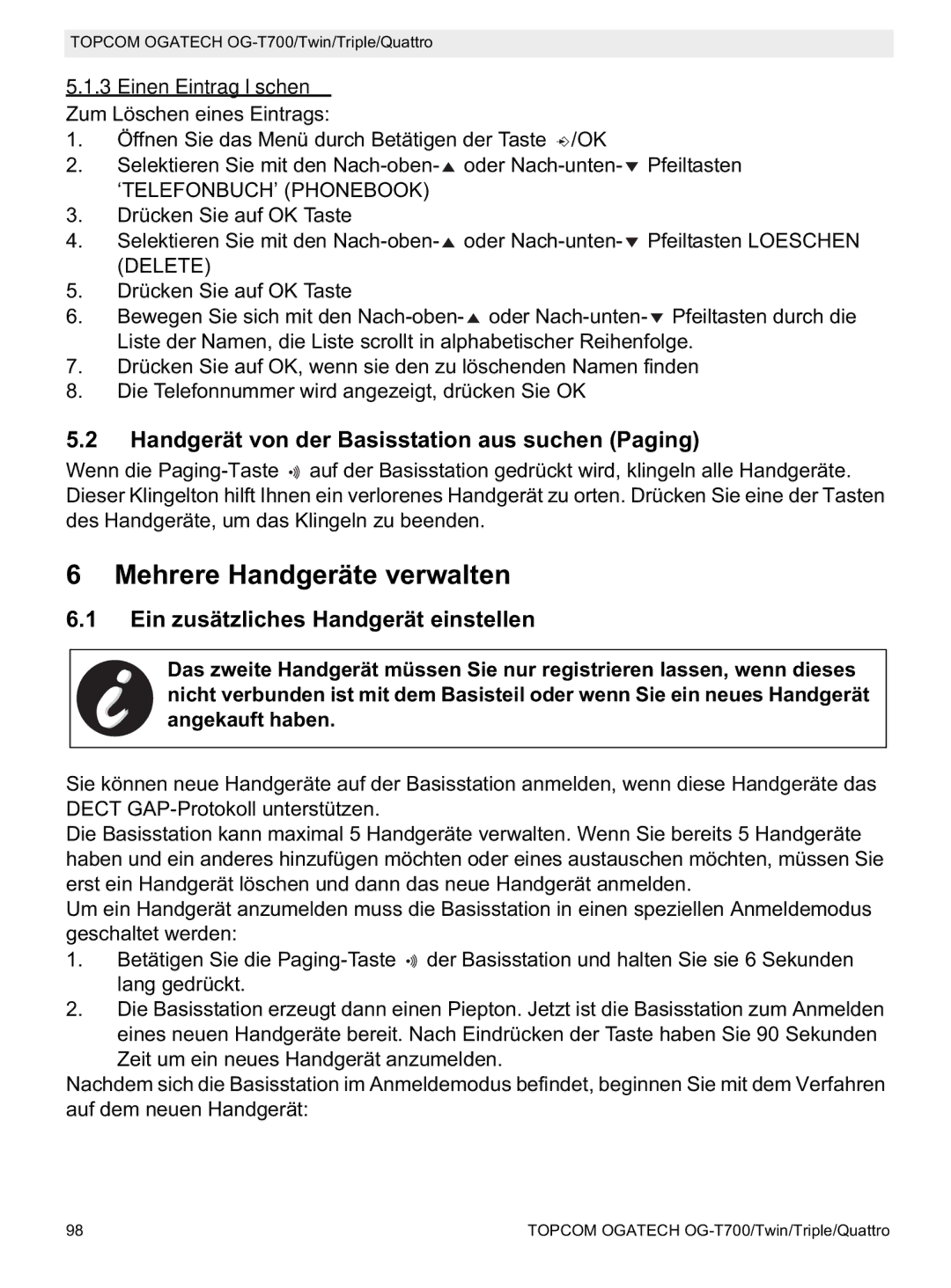 Topcom OG-T700 manual Mehrere Handgeräte verwalten, Handgerät von der Basisstation aus suchen Paging 