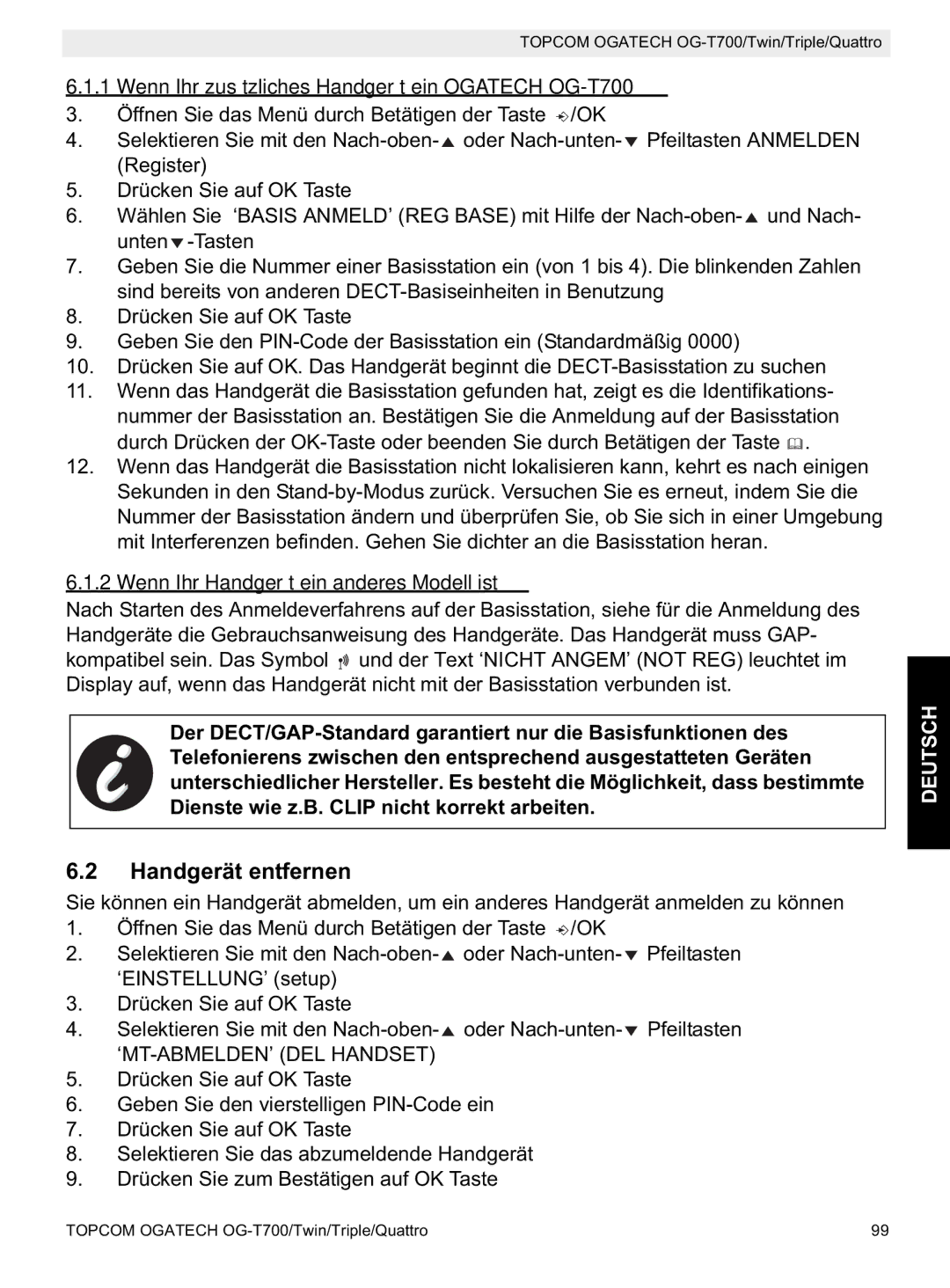 Topcom manual Handgerät entfernen, Wenn Ihr zusätzliches Handgerät ein Ogatech OG-T700 