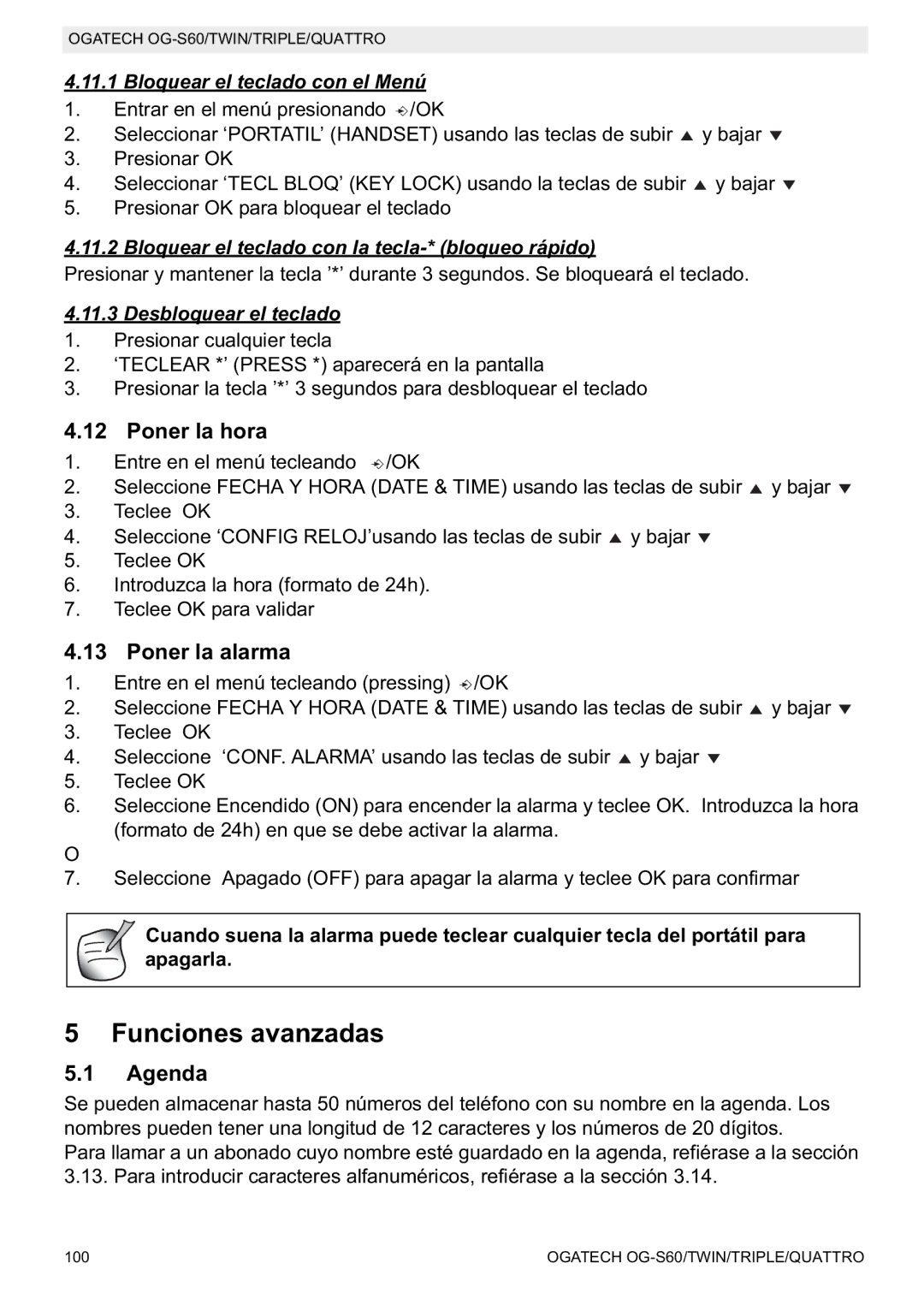 Topcom OGATECH OG-S60 manual do utilizador Funciones avanzadas, Poner la hora, Poner la alarma, Agenda 