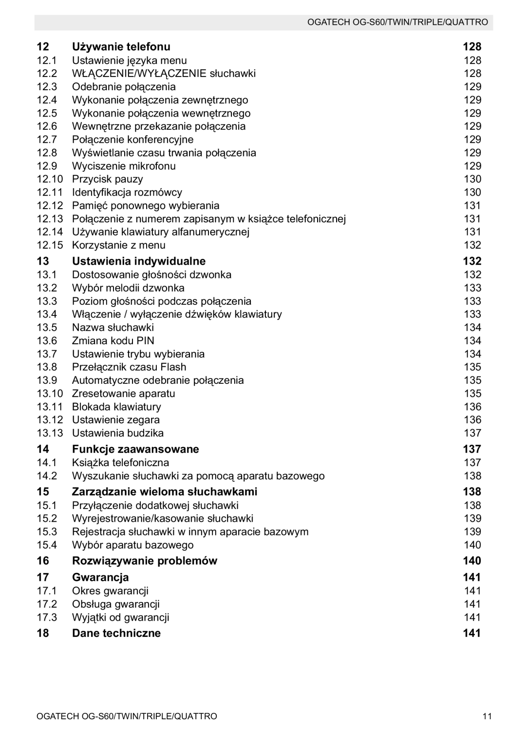 Topcom OGATECH OG-S60 128, Ustawienia indywidualne 132, Funkcje zaawansowane 137, Zarznie wieloma suchawkami 138 