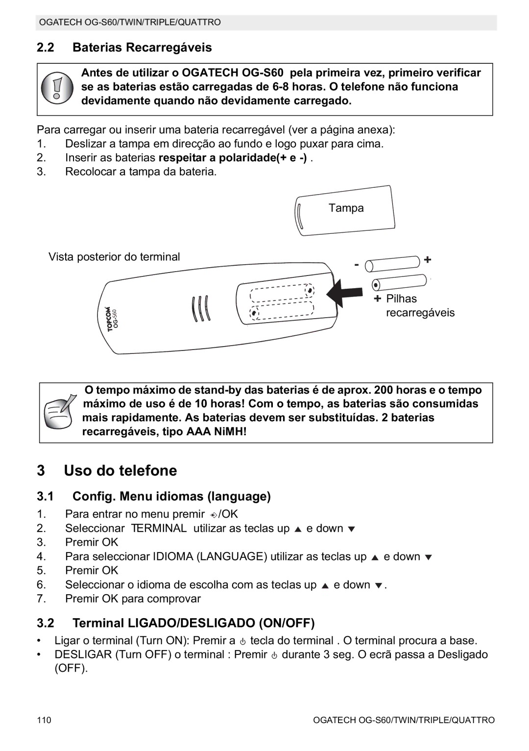 Topcom OGATECH OG-S60 manual do utilizador Uso do telefone, Baterias Recarregáveis, Config. Menu idiomas language 