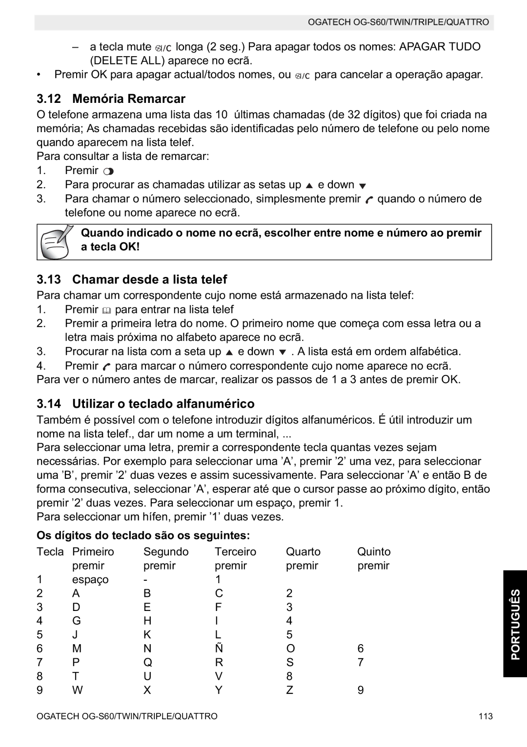 Topcom OGATECH OG-S60 manual do utilizador 12 Memória Remarcar, Chamar desde a lista telef, Utilizar o teclado alfanumérico 