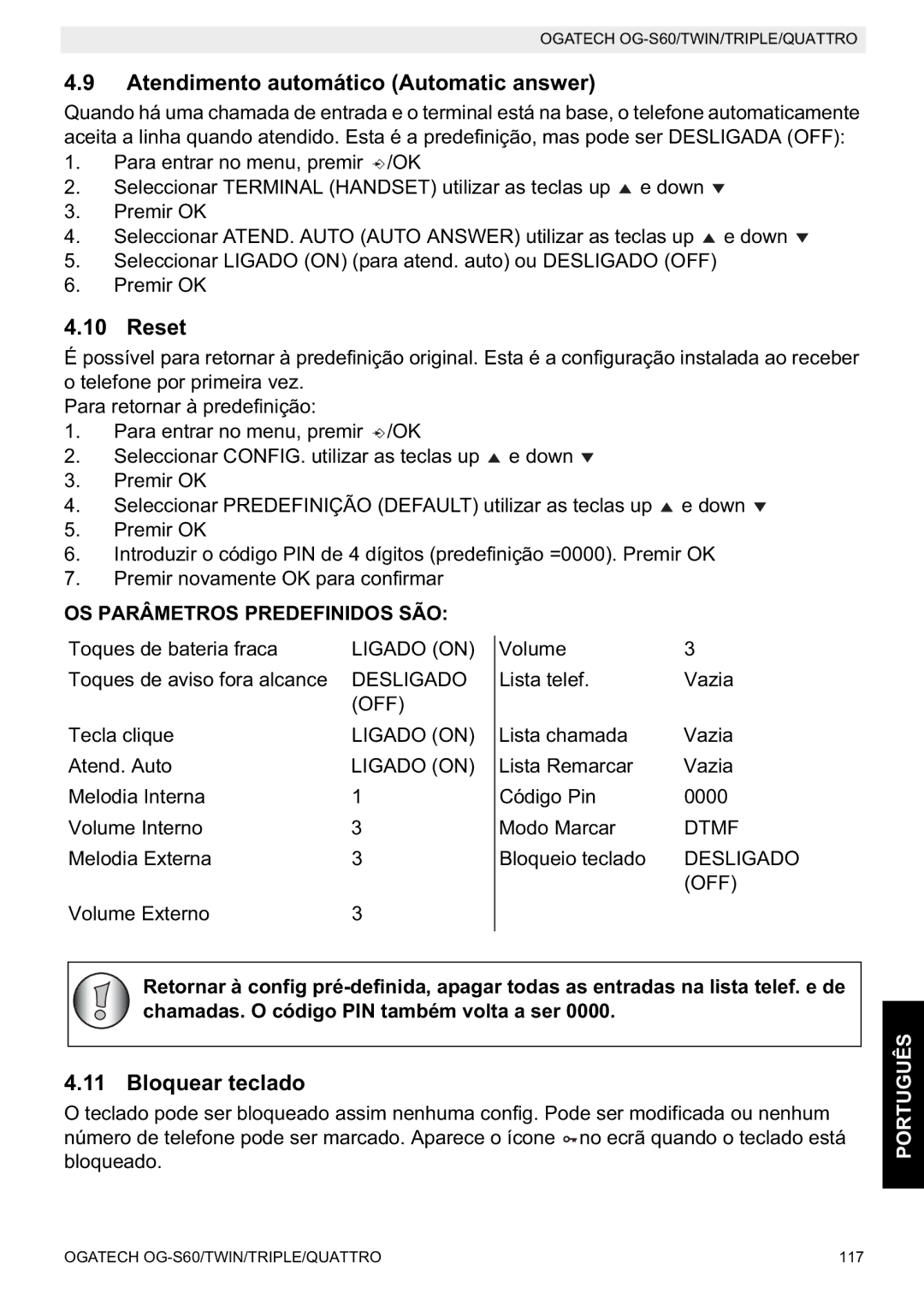 Topcom OGATECH OG-S60 manual do utilizador Atendimento automático Automatic answer, Bloquear teclado 